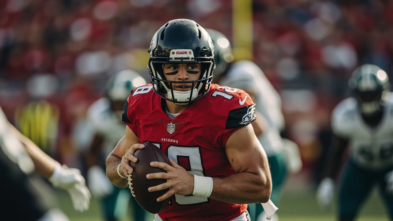 A tight sideline frame of a quarterback in motion releasing a pass during a pre-season practice, captured at full extension with defenders blurred in the background.