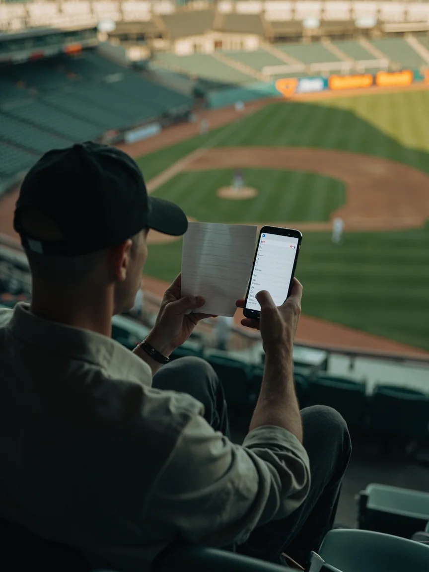 A printed daily lineup card with positions and opposing pitcher matchups circled in pen.