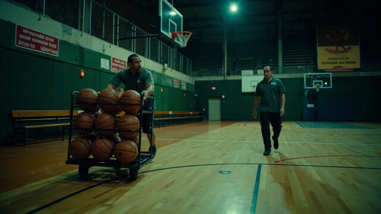 A printed NBA weekly schedule taped to a wall showing back-to-back stretches and off-days.