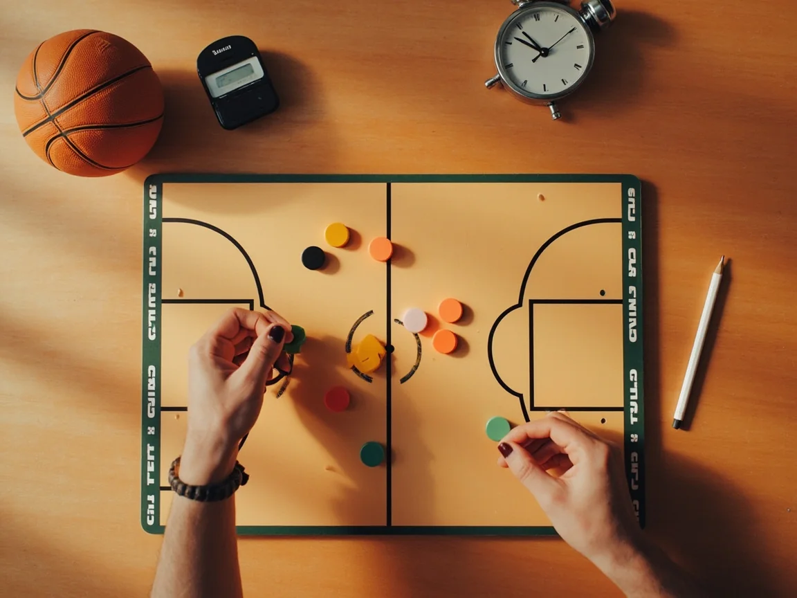 Magnetic rotation tiles on a whiteboard showing starting lineup shifts and bench depth.
