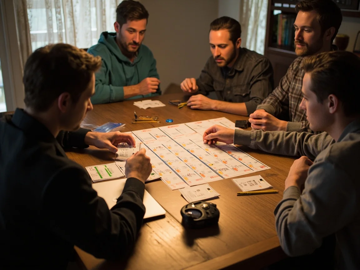 Four friends arranging player cards and an analog timer at a dining table before a fantasy draft.