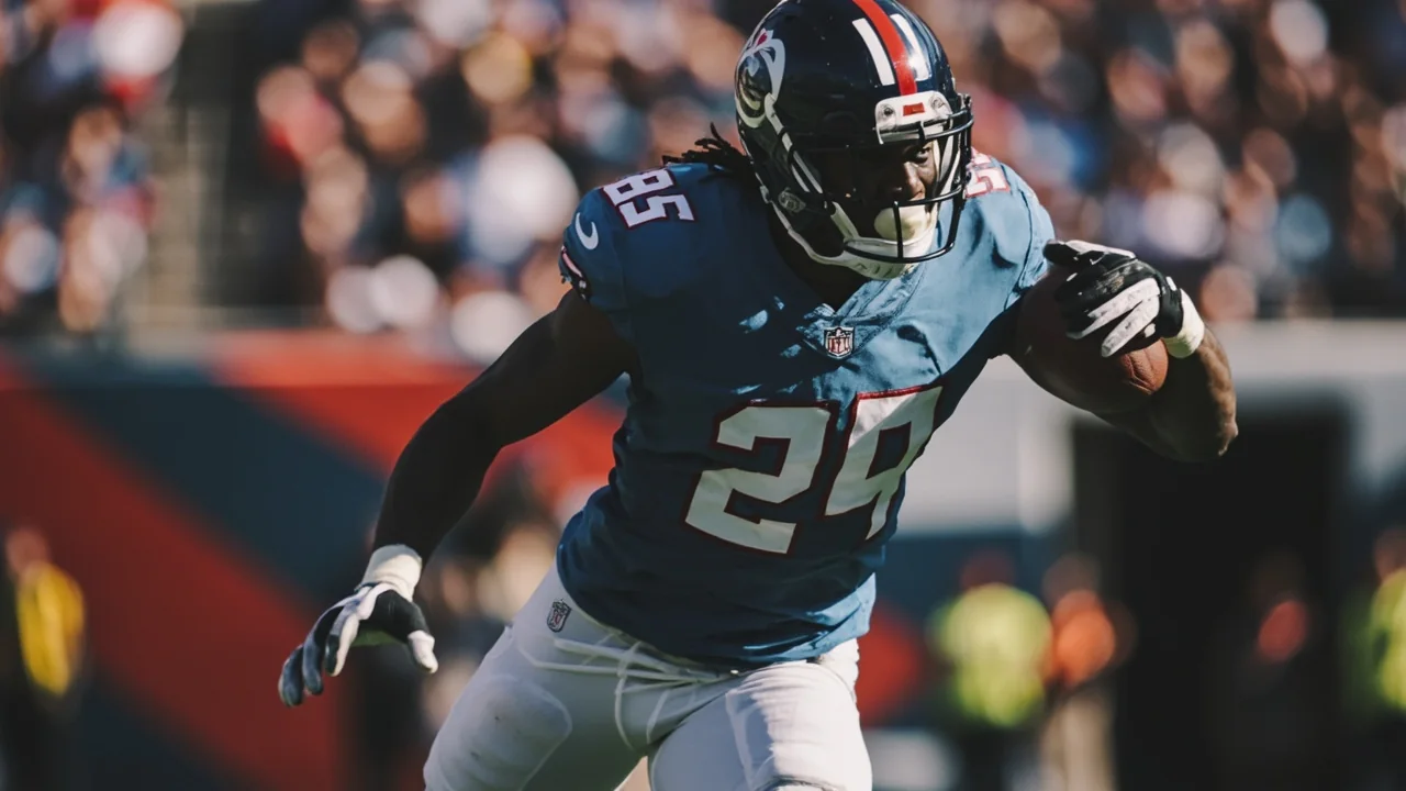 A football player carrying the ball during a stadium game.