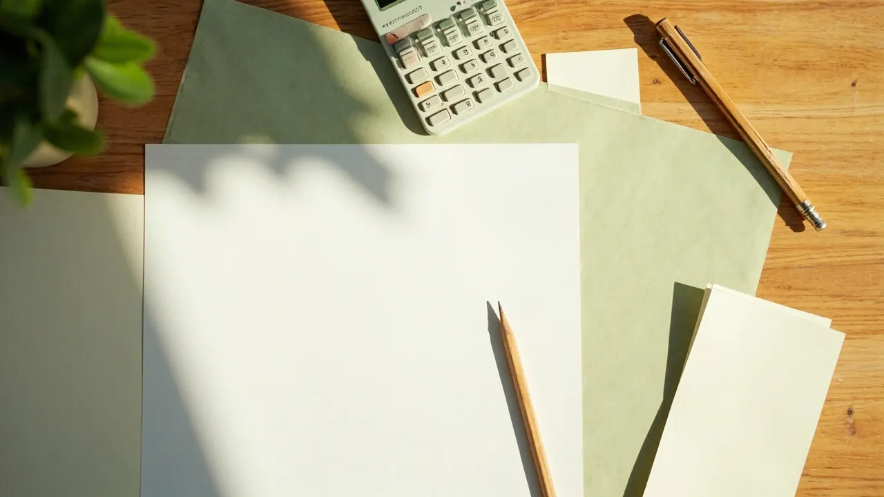 A clean paper worksheet on a wooden desk beside a small analog calculator and a folded paper bookmark, used to illustrate comparing offer costs as one total plan.