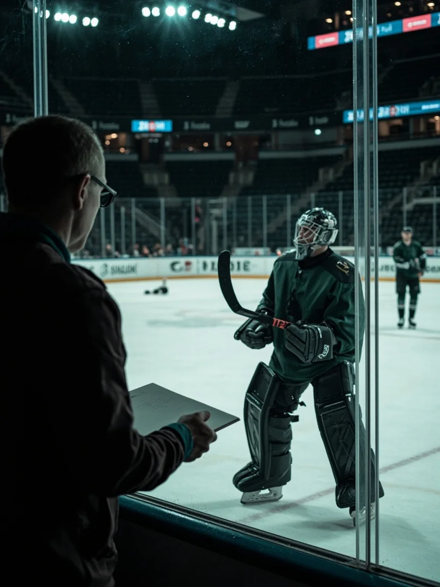 A fantasy manager reviewing printed goalie start logs and NHL.com depth charts on a coffee table.