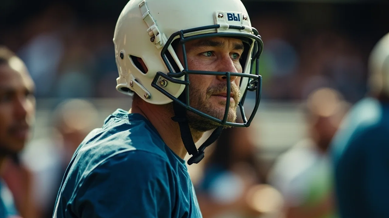 A tight sideline frame of an amateur athlete in motion, with shallow depth of field and a calm pre-event sideline in the background.