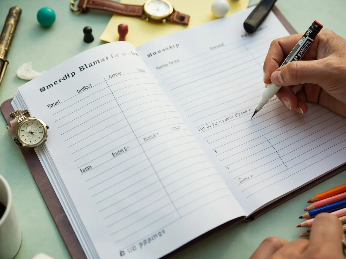 An open weekly planner with a marker resting on one day column, beside small plain sports objects and pencils used to schedule waiver and matchup decisions.