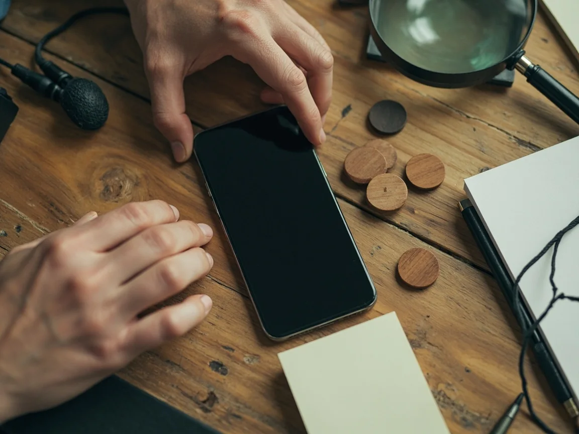 Unbranded phone, magnifying glass, cable and wooden tokens arranged for a careful side-by-side evaluation.
