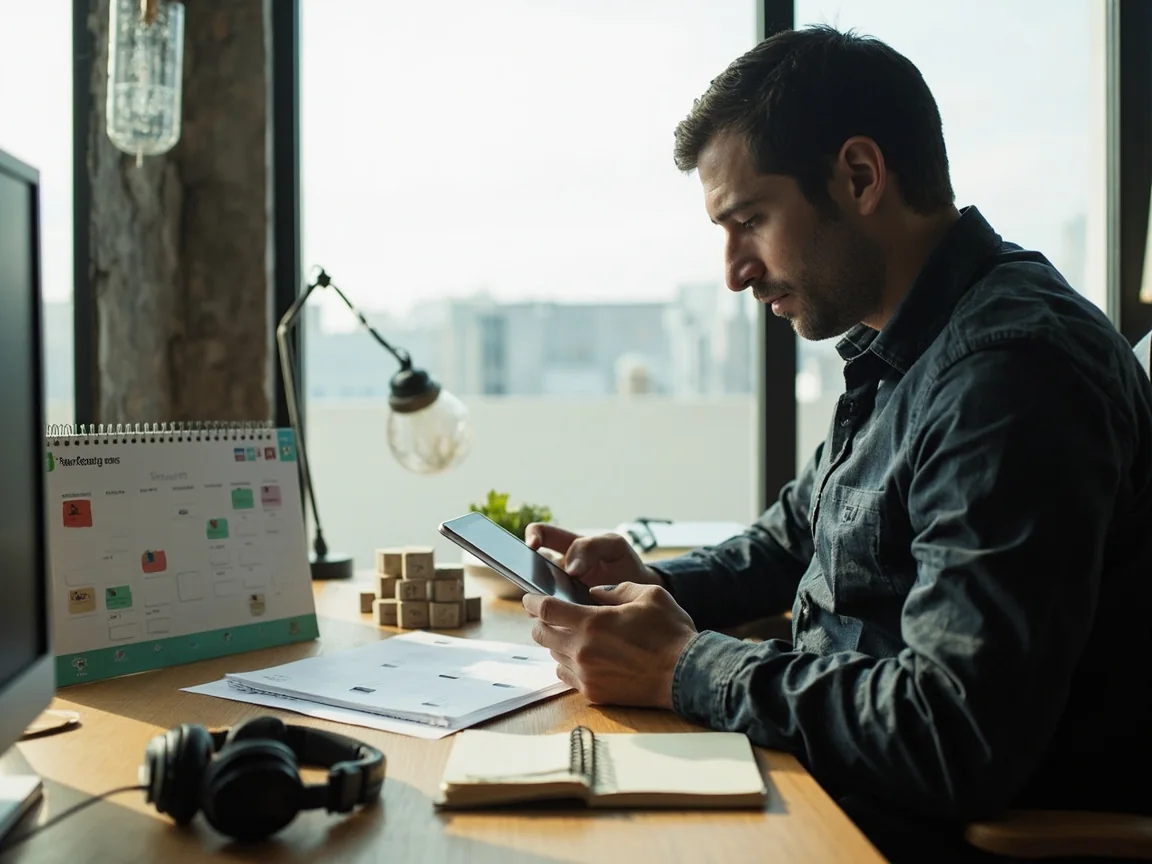 A fantasy manager reviewing a weekly lineup at a desk beside a bright window, with magnetic position tiles and a notebook nearby.