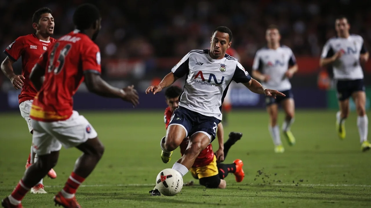 A football player in motion during a stadium match, captured at mid-stride with a shallow depth of field.